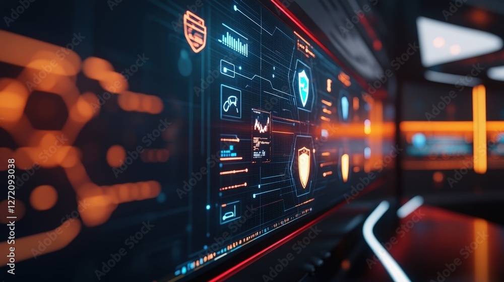 Poster futuristic computer screen displaying charts, shield icons, and other data related to cyber security