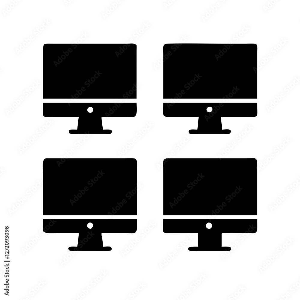 Poster vector art of four black computer monitors isolated on white background, representing technology, wo