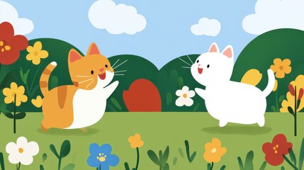 Obraz premium Two cartoon kittens frolic cheerfully in a colorful garden, chasing each other with innocent joy, set against a backdrop of vibrant flowers and greenery.