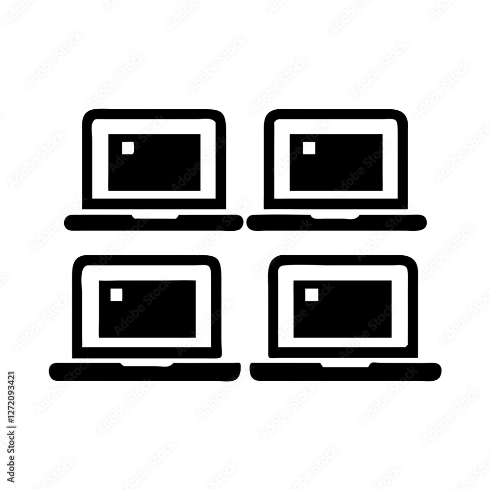 Poster vector art of four laptop computers arranged in a grid, representing connectivity, digital devices, 