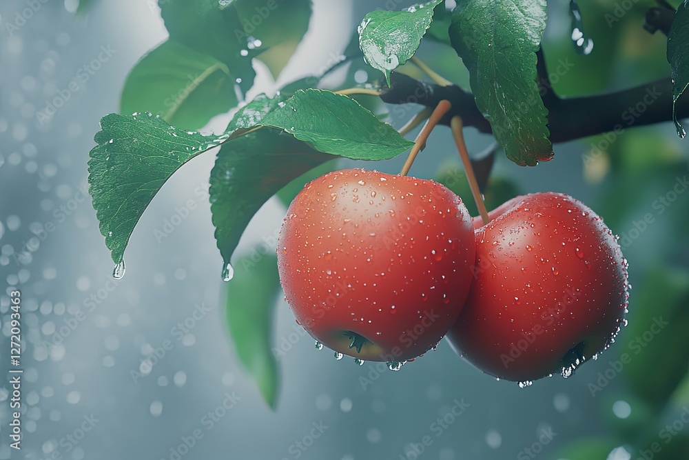 Poster fresh red apples on branch with dew in misty orchard scene