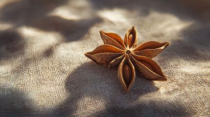 Single star anise spice against textured fabric.  Aromatic flavor enhancement, and beautiful ingredient.