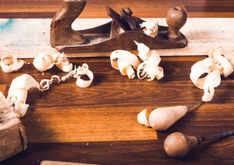 Carpenter cabinet maker hand tools on the workbench.