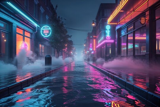 Vibrant Neon Wet Street Scene at Night with Surreal Fog Effects in 3D