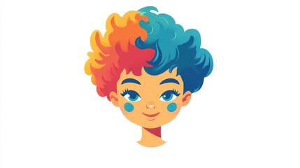A cheerful character with orange and blue curly hair and a friendly, decorated expression