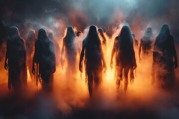 Fototapeta premium Mysterious silhouettes emerging from fiery smoke
