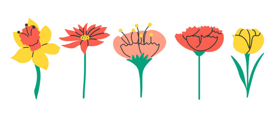 Obraz premium Set of bright hand draw stylized flowers on a white background. Peony, daffodil, tulip, gerbera.