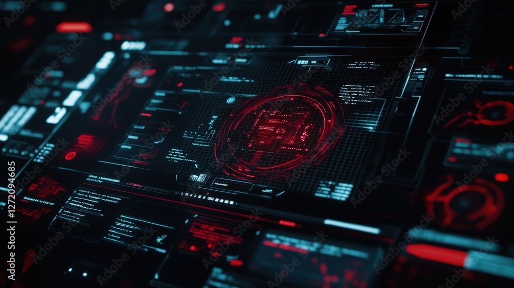 Poster futuristic head up display interface showcasing scanning progress, data analysis, and various metric