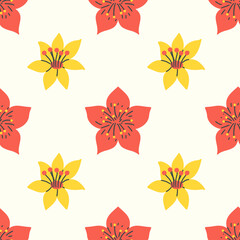 Obraz premium Seamless floral pattern with stylized red and yellow flowers with simple, bold lines on a light background