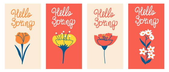 Set of vertical floral posters. Cards with abstract spring or summer flowers