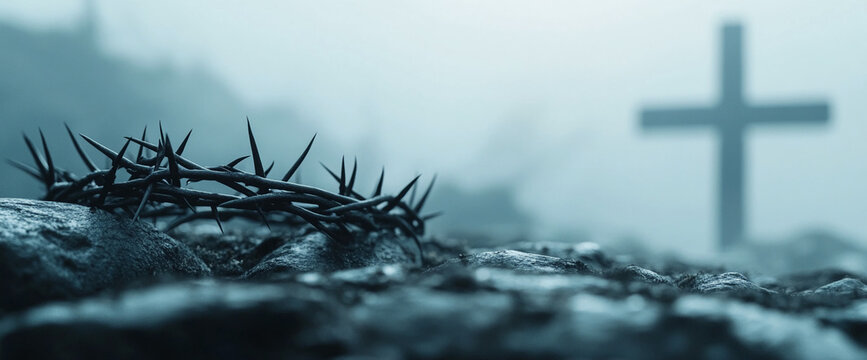 Thorny crown on a rocky surface with a Christian cross in the blurred background, symbolizing the suffering, sacrifice, and resurrection of Christ during the Passion.