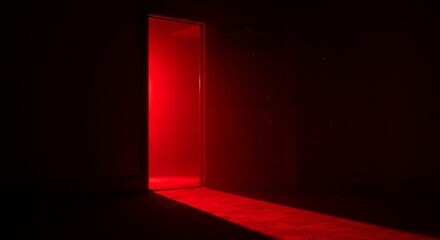 Red Light Shining Through Opened Door in Dark Room - A mysterious red light illuminates a dark room, shining through an opened door. The scene symbolizes mystery, suspense, hope, danger
