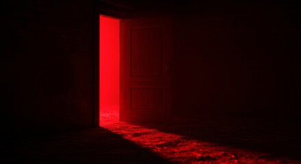 Red Light Shining Through Opened Door in Dark Room - A red glow emanates from an opened door in a dark room, symbolizing mystery, hope, danger, transition