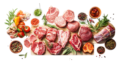 Raw Assorted Meat Cuts on Wooden Board with Spices, Herbs, and Vegetables for Cooking Preparation