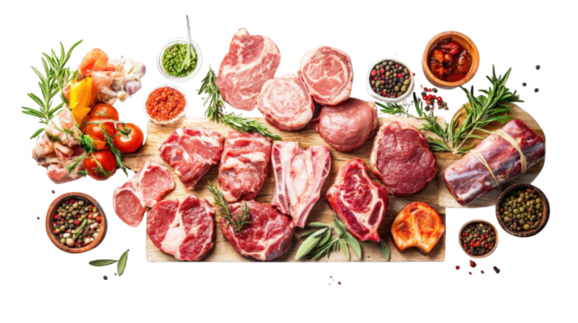 Raw Assorted Meat Cuts on Wooden Board with Spices, Herbs, and Vegetables for Cooking Preparation