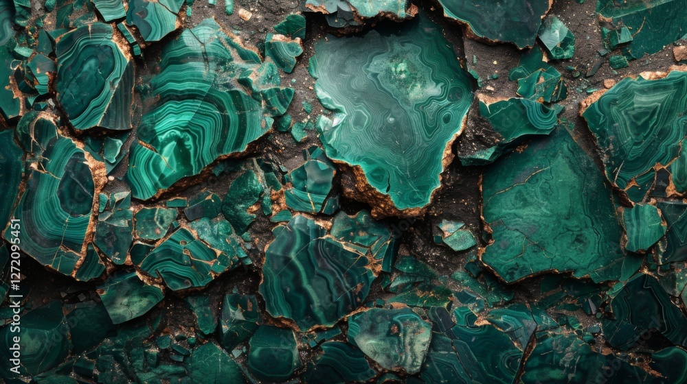 Aufkleber close up view of various pieces of malachite with rich green colors and detailed swirling patterns, 