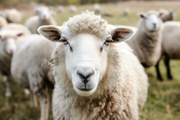 Close-up of a curious sheep in a flock on a green pasture