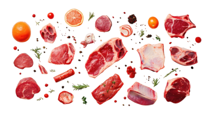 Assorted raw meat selection with spices and herbs on white background, gourmet cooking concept