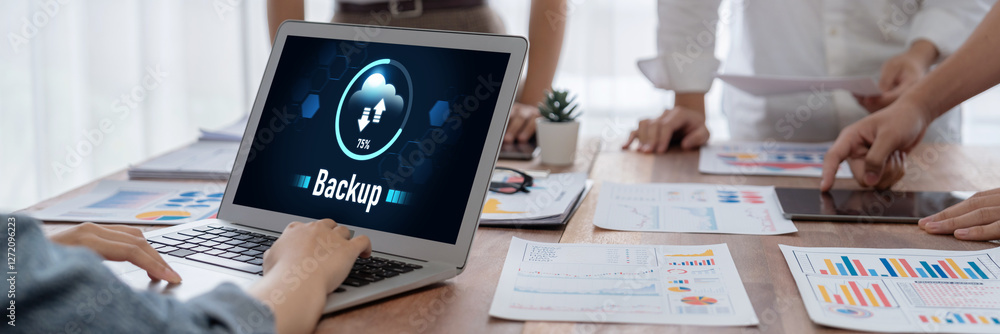 Poster Backup Storage Data Internet Technology Business concept. Database storage cloud technology file data transfer sharing, cyber, big data information, internet banking application download upload brisk
