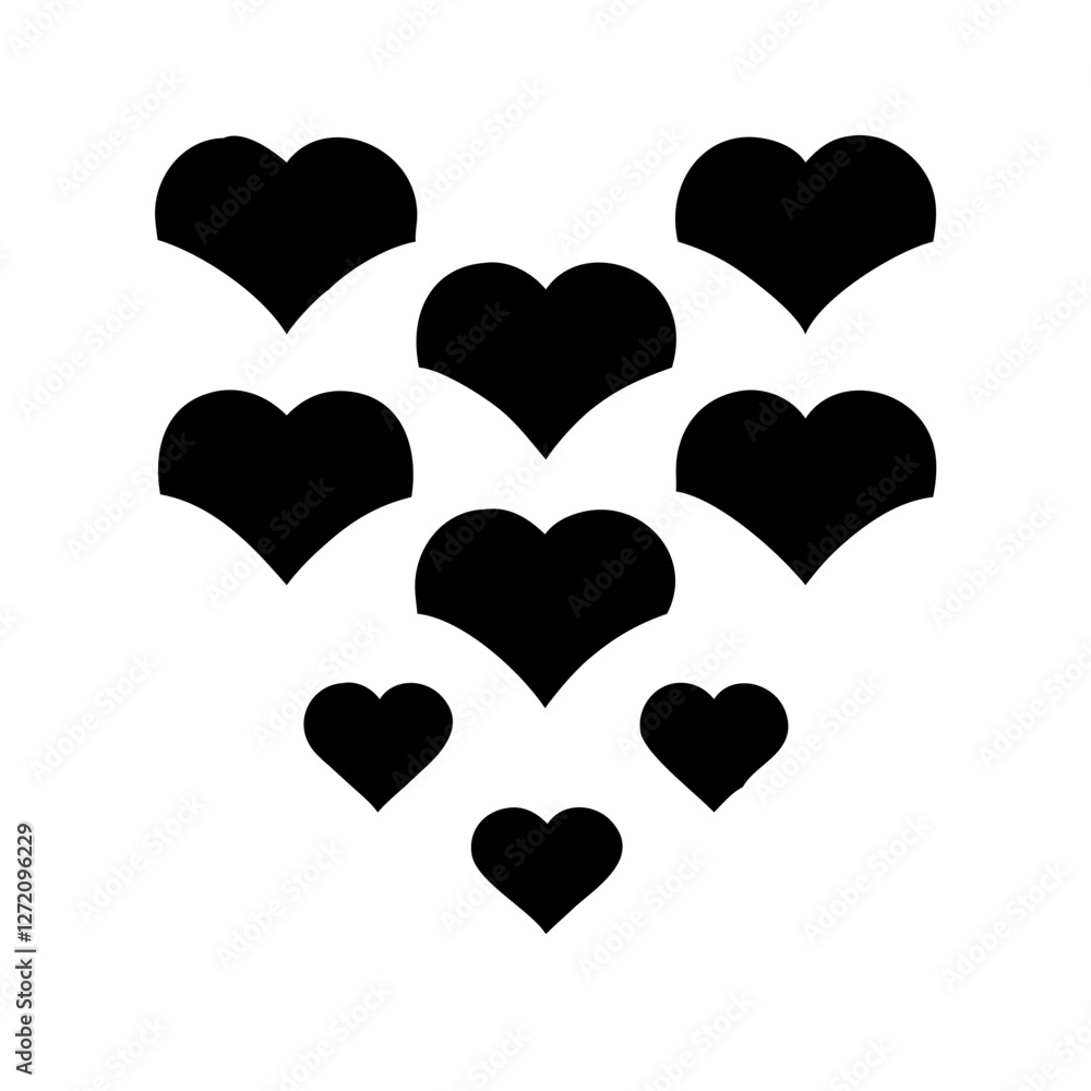 Poster vector art of a collection of heart shapes arranged in a descending pattern, isolated on white backg