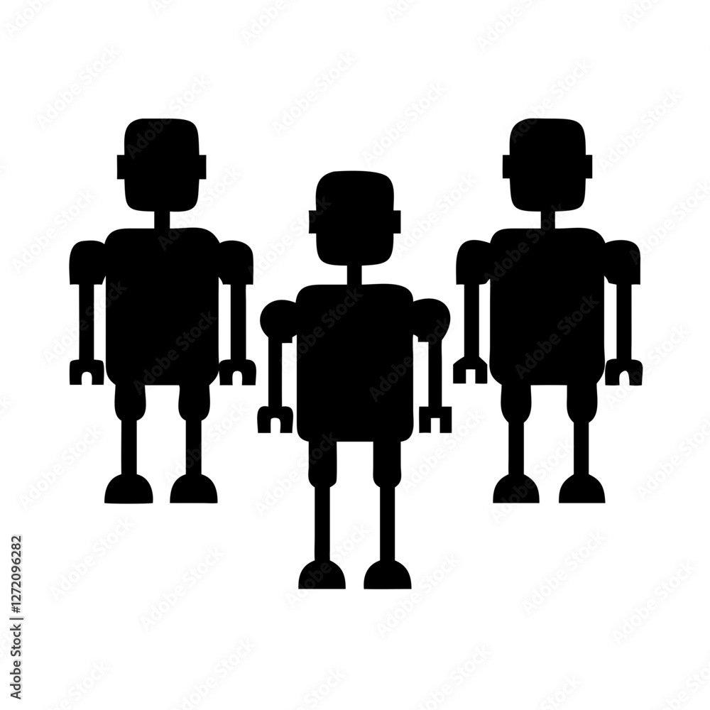 Aufkleber vector art of three simple robots standing in a row isolated on white background, representing autom