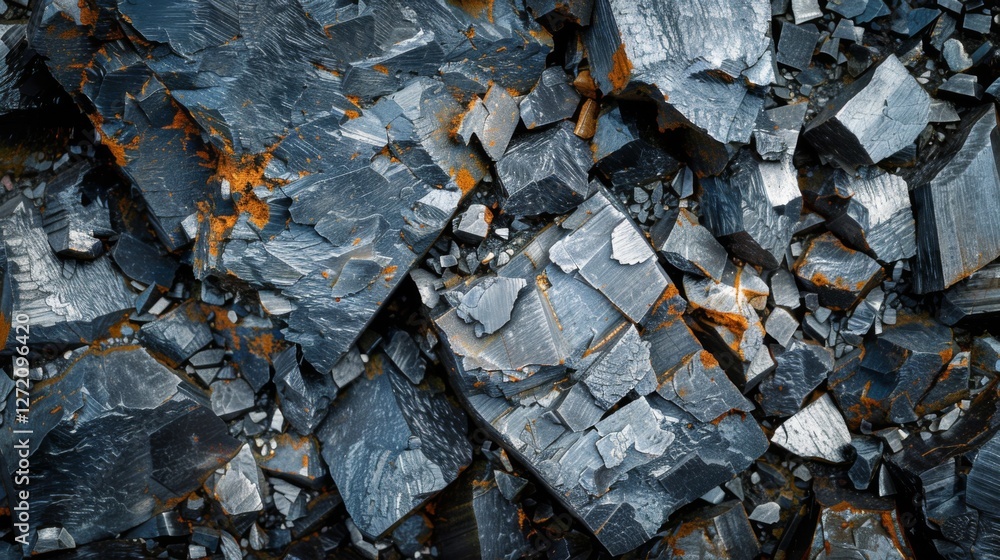 Aufkleber examining the detailed surfaces of large fragments of metallic minerals with sharp edges, showcasing