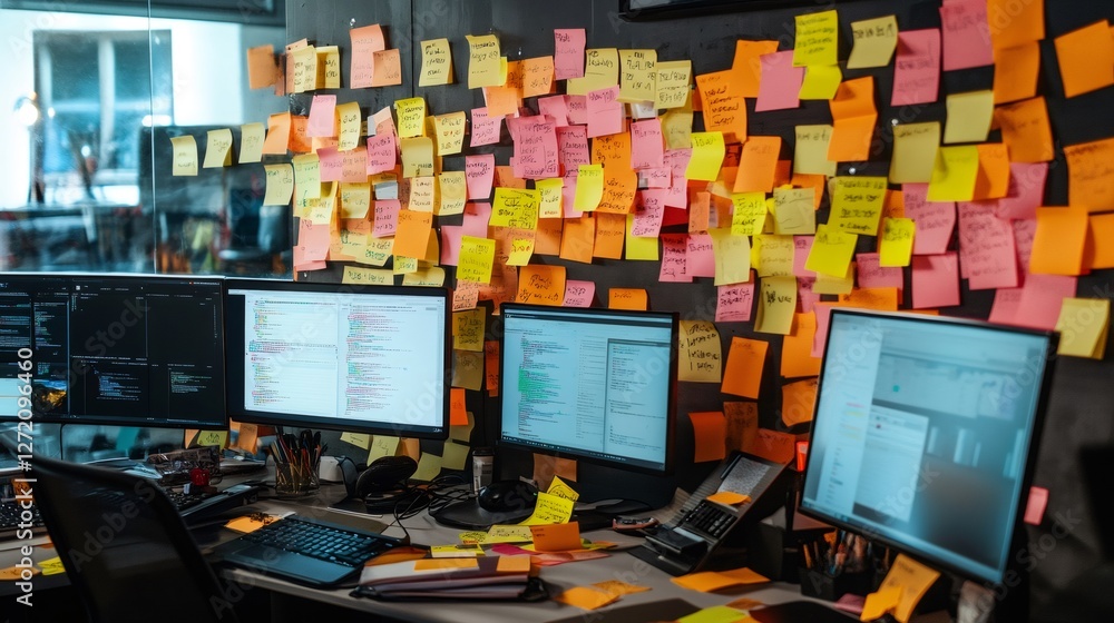 Poster Cluttered desk with multiple computer screens surrounded by a chaotic array of colorful sticky notes, symbolizing multitasking, time management challenges, and work related stress