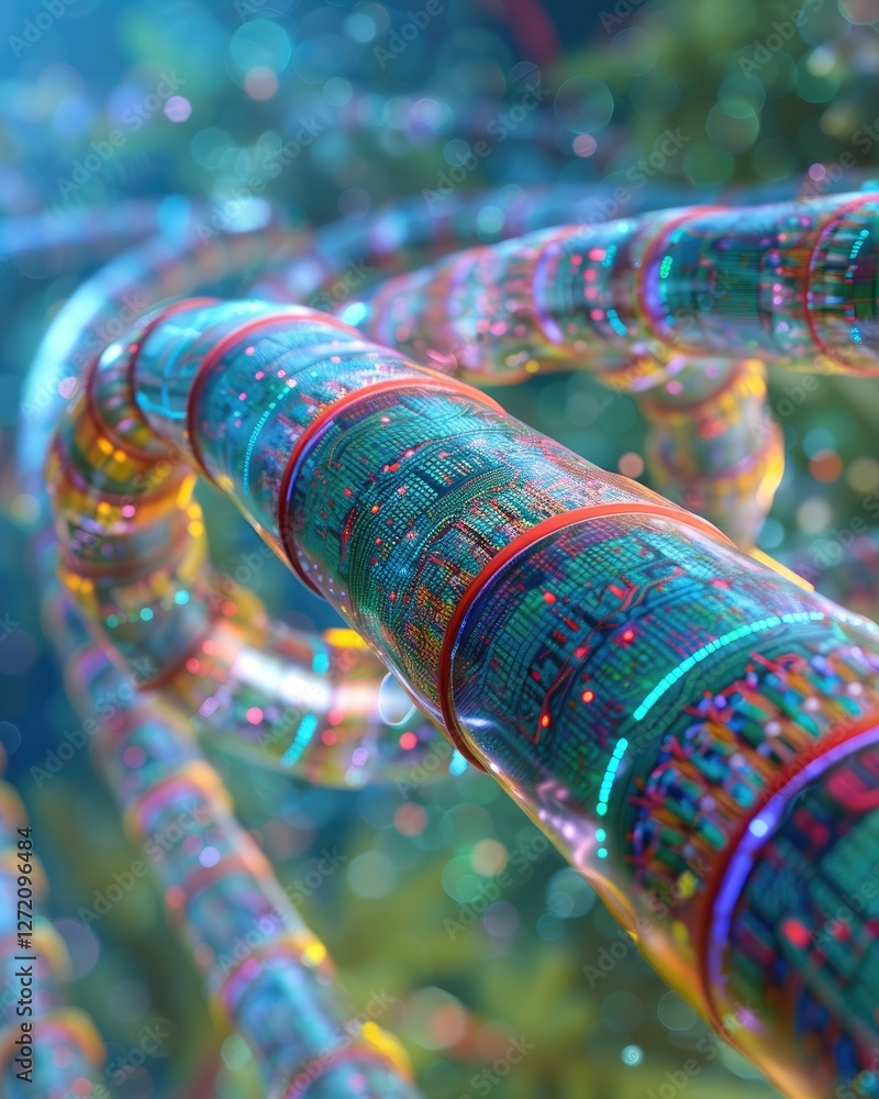 Poster a vibrant, abstract representation of interconnected strands, showcasing colorful patterns and a sen