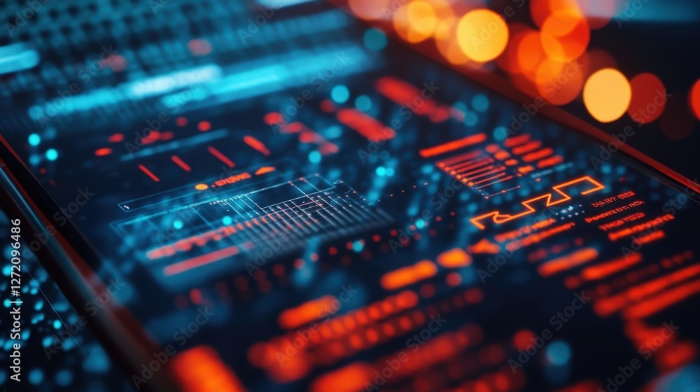 Poster complex digital interface displaying real time data analysis for cybersecurity, featuring glowing li