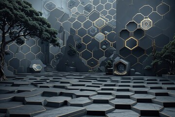 Dim Slate Gray Art Featuring Hexagonal Patterns and Creative Design Elements