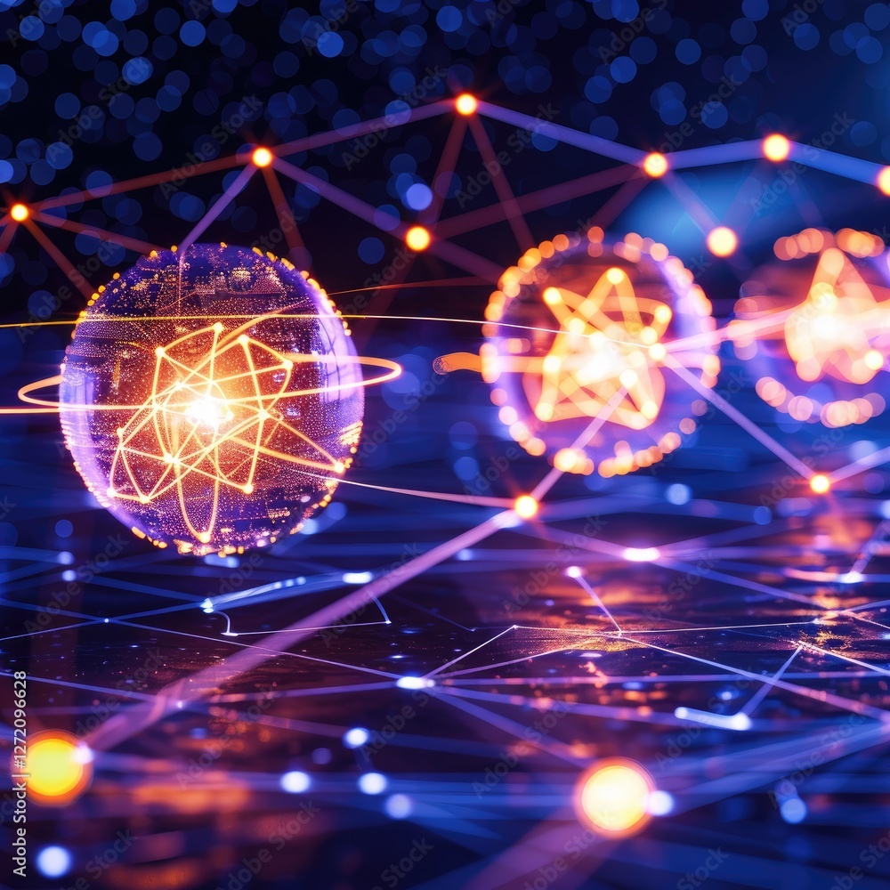 Poster a futuristic depiction of interconnected atoms with glowing spheres and network lines, symbolizing t