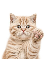 A cute, fluffy cat with a striped coat raises its paw, looking directly at the viewer with curious, expressive eyes.