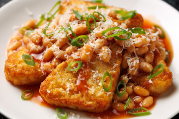 Loaded Hash Browns with baked beans and cheese