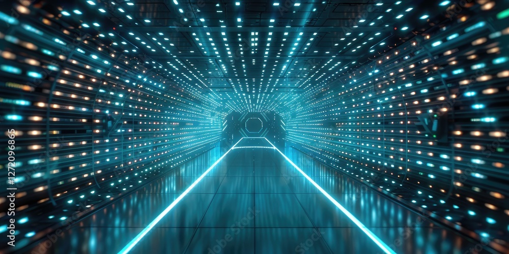 Poster a futuristic tunnel illuminated with vibrant blue lights, creating an immersive and dynamic visual e