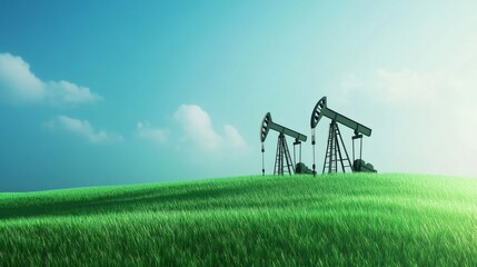 Two oil pumps are extracting petroleum in a green field under a blue sky with some clouds, representing the concept of oil industry, pollution and high prices