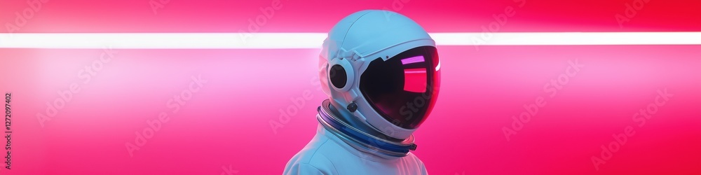 Poster a man in a white space suit is standing in front of a red background. the image has a futuristic and