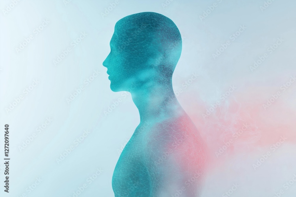 Poster a man's head is shown in a blue and pink color scheme. the image is abstract and has a dreamy, surre