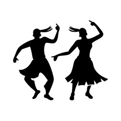 Vector art of silhouette of a dancing couple isolated on white background, expressing joy and rhythm through traditional cultural movements