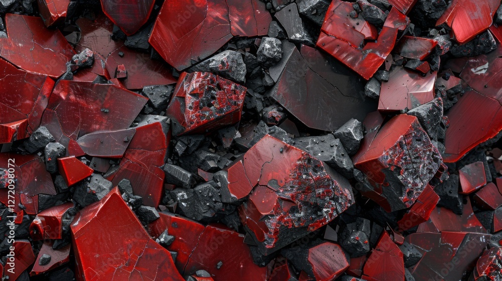 Poster Shattered pieces of bright red and dark black glass create an intricate texture, reflecting light and forming a striking visual display on a flat surface.