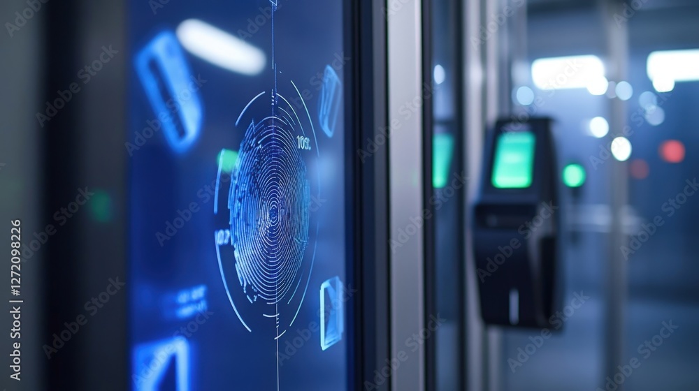 Poster futuristic access control system scanning fingerprint for authentication, ensuring high security in 