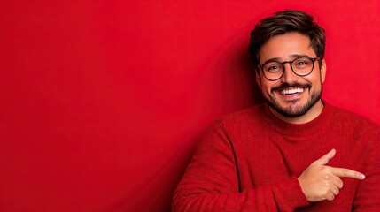Obraz premium Happy man laughing and pointing to the side, radiating energy and excitement against in a studio