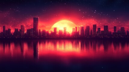 Vibrant Sunset Over City Skyline Reflection in Still Water