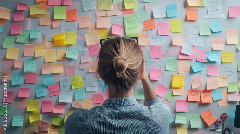 Aufkleber person stands in front of a wall filled with colorful sticky notes, representing the chaos and stres