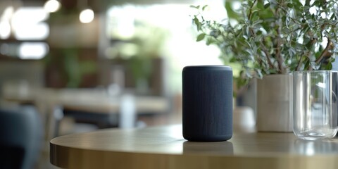 Smart speaker sits on a round wooden table beside a glass and a plant in a modern setting