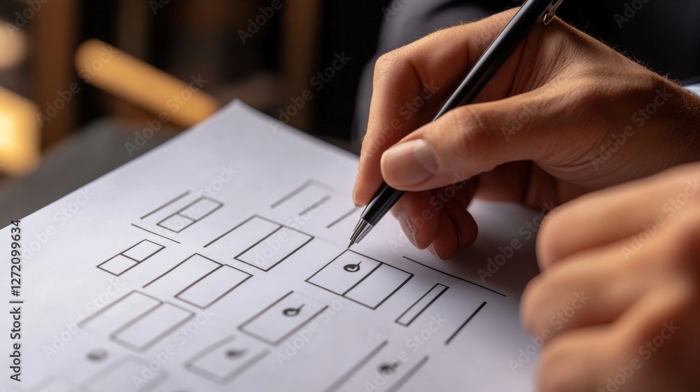Poster cybersecurity analyst drawing a network protection strategy on a sheet of paper, focusing on access 