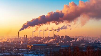 Smoke billowing from industrial chimneys pollutes the atmosphere at sunset, creating a dramatic and concerning scene of environmental damage