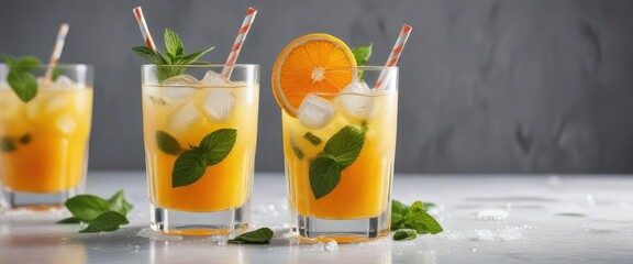 Fototapeta premium Cold orange juice served with a straw, mint leaves, frozen orange in ice block, ice, frozen, block