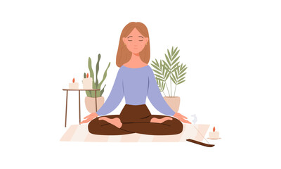 Girl in yoga lotus pose with crossed legs, practicing mindfulness. Woman meditating at home. Relaxing meditation. Vector illustration isolated on white background