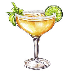 a margarita cocktail with a lime garnish and salt rim, transparent background, PNG