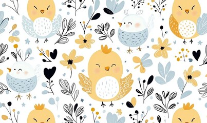 Festive Easter design featuring baby chickens and flower doodles for decor